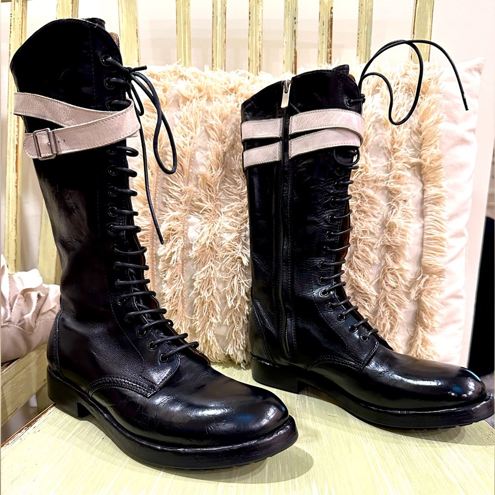 OFFICINE CREATIVE LACE UP ZIP BOOTS LEATHER BLACK COMBAT MOTO